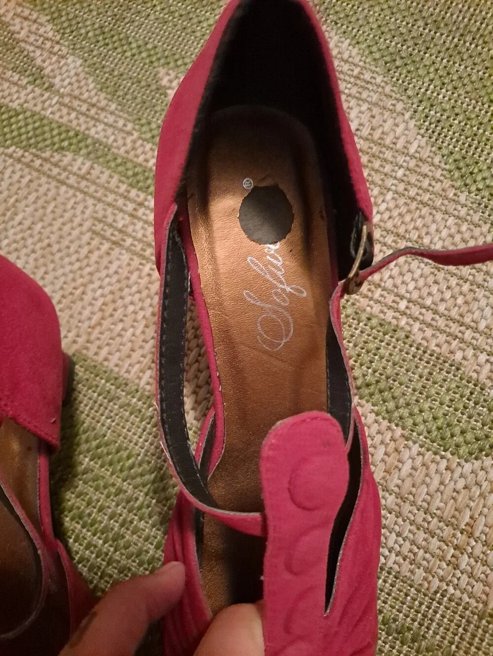 Red Suede T-Strap Heels with Pleated Front and Button Detail